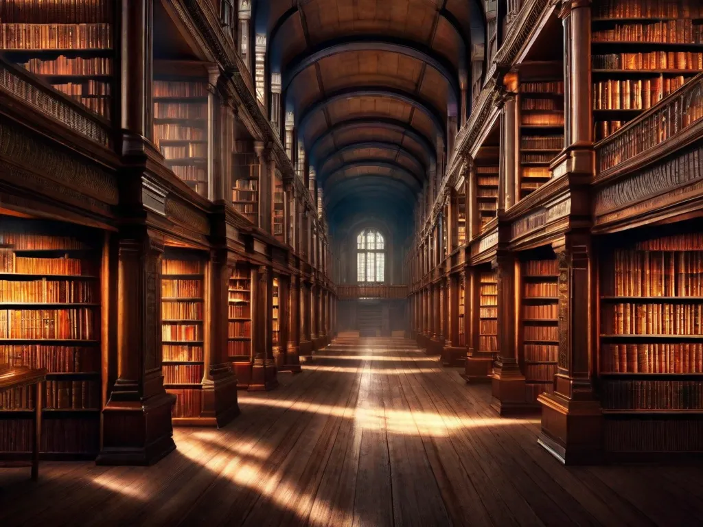 A imagem retrata uma biblioteca empoeirada e antiga, repleta de fileiras e mais fileiras de livros antigos. A iluminação fraca lança um brilho assustador nas prateleiras, criando uma atmosfera de mistério e intriga. Os títulos nas lombadas dos livros estão desbotados, aumentando o fascínio pelos doze incríveis livros de mistério