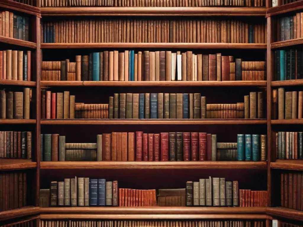 Uma foto de uma estante de biblioteca muito usada, cheia de dez livros, cada um representando um aspecto diferente do crescimento pessoal e da autotransformação. Os títulos são diversos, variando desde mindfulness e meditação até resiliência e inteligência emocional. A imagem simboliza o poder do conhecimento e a jornada rumo ao autodesenvolvimento.