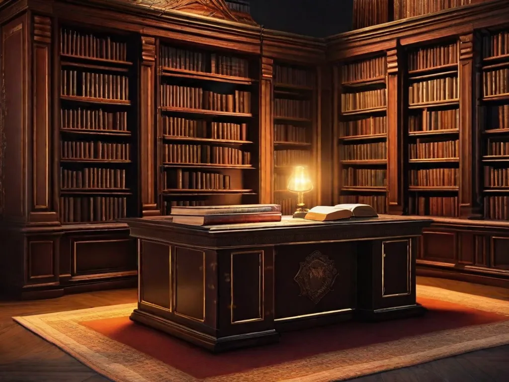 Uma imagem de uma antiga biblioteca empoeirada com prateleiras cheias de livros misteriosos. Cada livro possui uma capa de couro desgastada, e os títulos estão escritos em letras douradas desbotadas. A luz fraca de uma única lâmpada lança um brilho sinistro, insinuando os segredos escondidos dentro desses doze incríveis romances