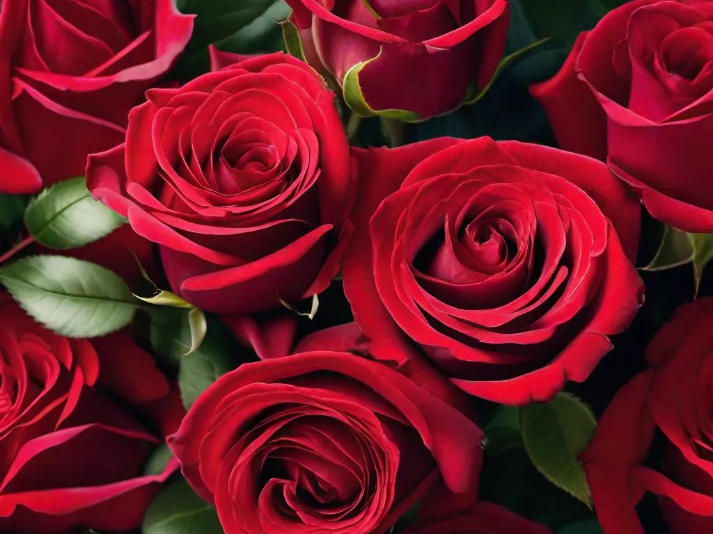Uma imagem em close-up de um buquê lindamente arranjado de rosas vermelhas vibrantes, simbolizando amor e paixão. As pétalas estão perfeitamente formadas, criando uma exibição visualmente deslumbrante que captura a essência de uma história de amor perfeita.