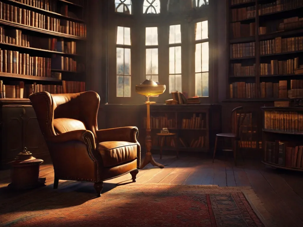 Descrição da imagem: Uma poltrona de couro desgastada está em um canto aconchegante de uma biblioteca com pouca iluminação. As prateleiras estão cheias de livros antigos e empoeirados, suas páginas amareladas pelo tempo. Uma xícara quente de chá repousa sobre uma pequena mesa de madeira, acompanhada por um par de óculos de leitura vintage.