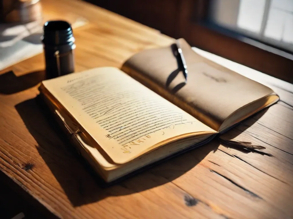 Uma imagem em close-up de um caderno desgastado, cheio de poemas escritos à mão, repousando em uma mesa de madeira. As páginas estão marcadas com manchas de tinta e vincos, refletindo a jornada emocional do poeta. A luz suave do sol lança um brilho quente, iluminando as palavras que têm o poder de cativar e emocionar corações.