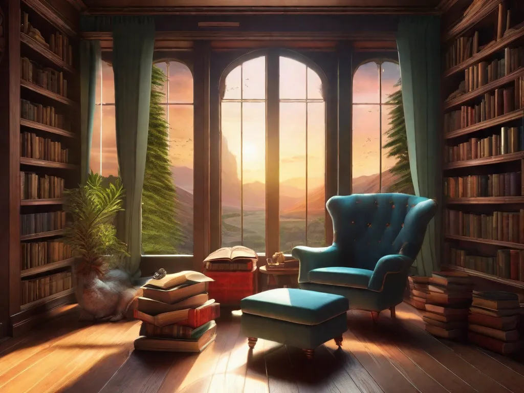 Descrição da imagem: Um cantinho aconchegante para leitura com uma poltrona confortável, cercada por prateleiras cheias de livros lindamente ilustrados. A luz do sol suave entra pela janela, iluminando as páginas de um livro aberto em uma mesa lateral. A cena convida você a mergulhar em histórias cativantes e embarcar em aventuras emocionantes em diferentes mundos imaginários
