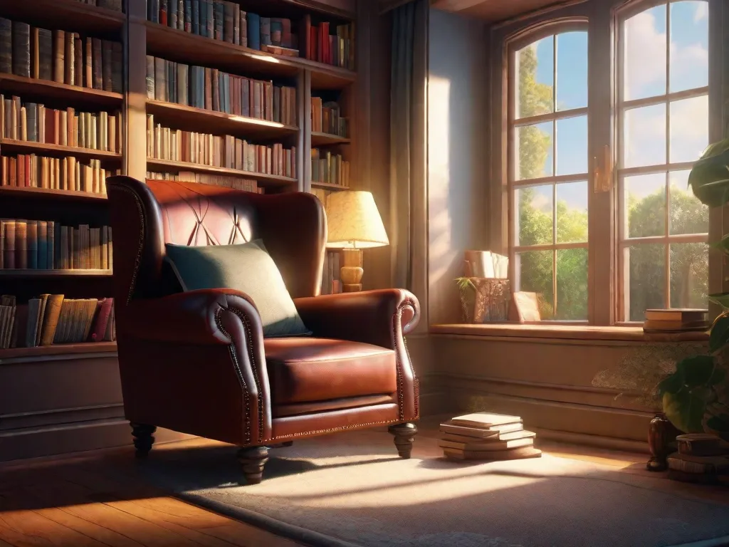 Descrição da imagem: Um cantinho aconchegante para leitura com uma poltrona confortável, cercada por estantes repletas de livros lindamente ilustrados. A luz suave do sol atravessa a janela, iluminando as páginas de um livro aberto, convidando o espectador a mergulhar em um mundo mágico de imaginação e aventura.