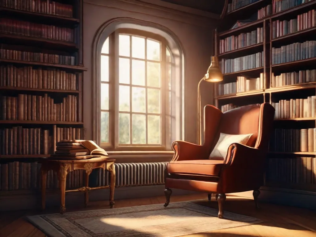 Descrição da imagem: Um cantinho aconchegante para leitura com uma poltrona vintage e uma pilha de livros antigos em uma mesa lateral de madeira. A luz suave do sol entra por uma janela próxima, iluminando o ambiente e criando uma atmosfera calorosa e nostálgica.