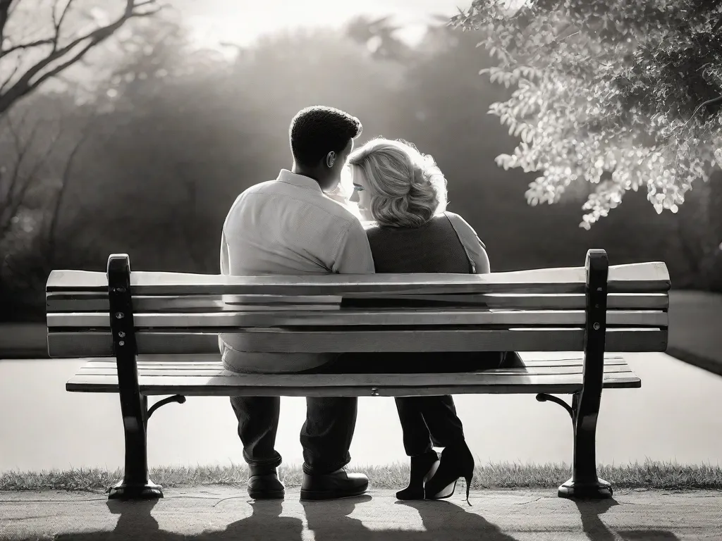 . Um casal está em uma praia pitoresca ao pôr do sol, suas silhuetas se misturando com as cores vibrantes do céu, simbolizando o romance atemporal de