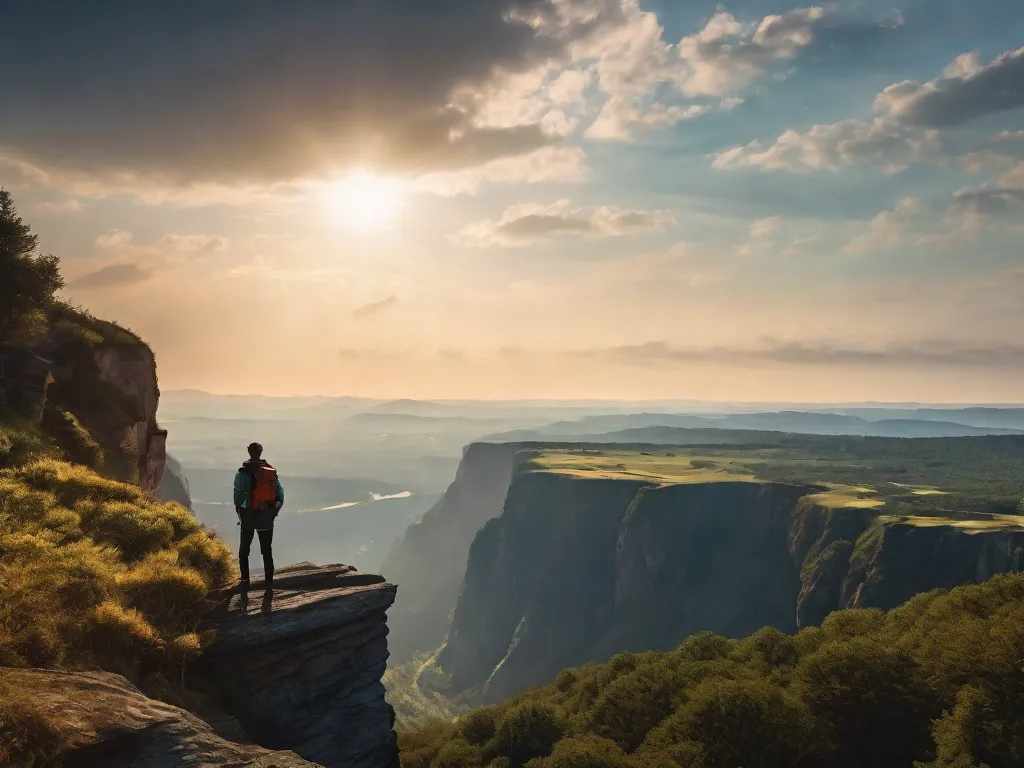 Uma foto de uma pessoa em pé no topo de uma montanha, olhando para uma vista deslumbrante. Os braços da pessoa estão erguidos em triunfo, simbolizando sua nova perspectiva sobre a vida e a capacidade de superar desafios. A imensidão da paisagem representa as infinitas possibilidades que surgem com uma perspectiva alterada.