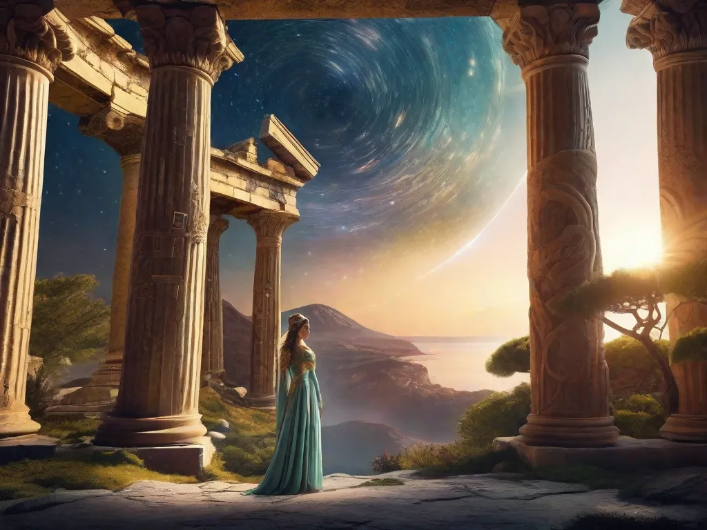 Uma ilustração vibrante que retrata o cosmos celestial, com galáxias e constelações em movimento, simbolizando a imensidão do universo antes do surgimento da mitologia grega. Em primeiro plano, ruínas antigas sugerem uma era esquecida, convidando os espectadores a explorar as origens do mito e os mistérios do passado.