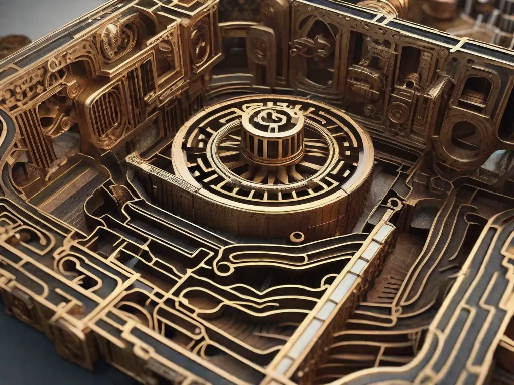 A imagem retrata uma estrutura semelhante a um labirinto feita de engrenagens e engrenagens interconectadas, simbolizando a natureza intricada da complexidade humana. Cada engrenagem representa um aspecto diferente das emoções humanas, pensamentos e experiências, mostrando as camadas multifacetadas que compõem nosso intricado mundo interior.