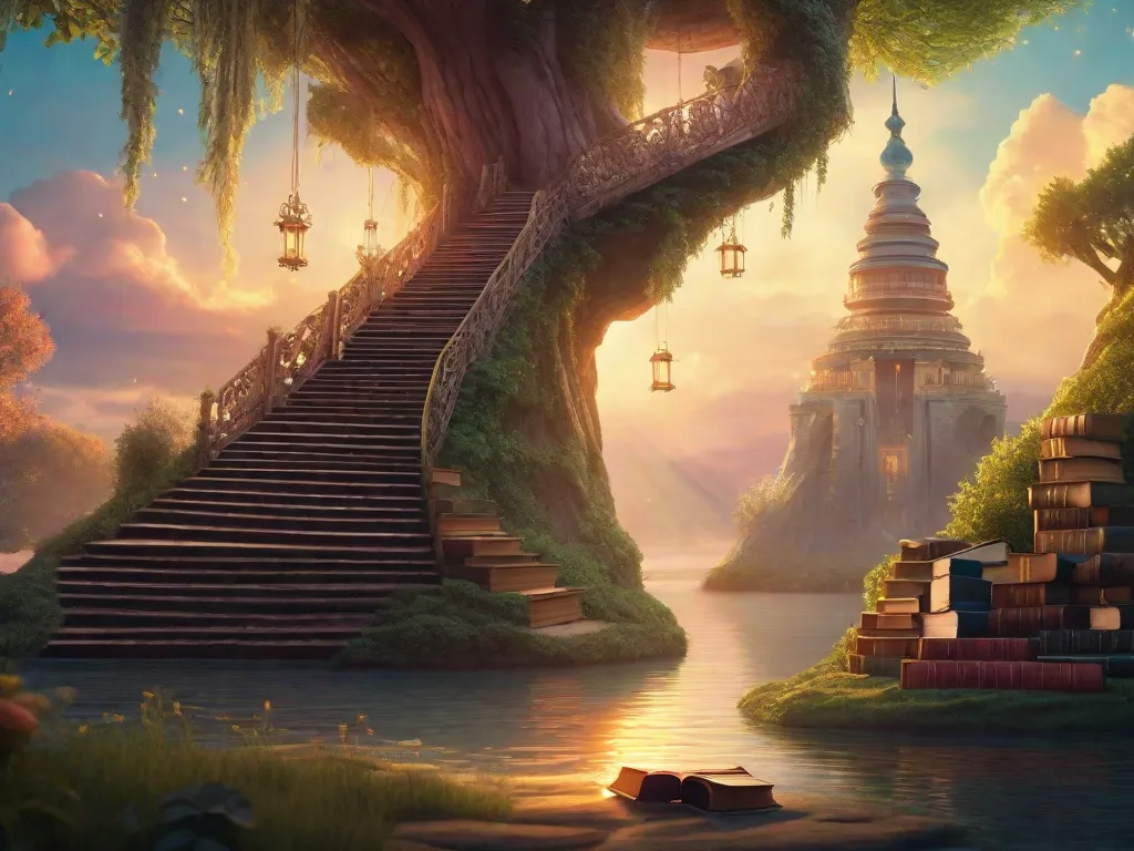 Descrição da imagem: Uma pilha de livros arranjados de forma que se assemelham a uma escada que leva a um portal mágico. Cada livro representa um mundo diferente, com capas vibrantes que retratam diversas paisagens, criaturas e símbolos. O portal no topo emite uma luz suave, convidando os leitores a embarcar em uma jornada através da literatura.