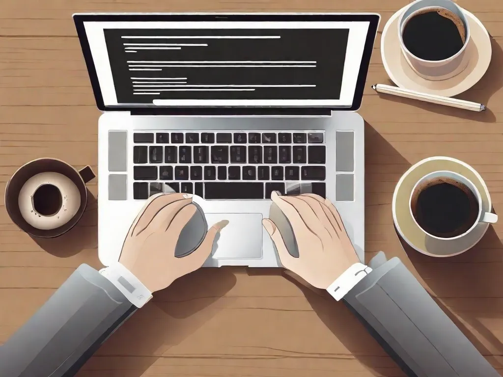 Descrição da imagem: Uma visão de close das mãos de uma pessoa digitando em um teclado de laptop, com uma xícara de café e um caderno por perto. As mãos estão habilmente manobrando as teclas, exibindo confiança e expertise na escrita. A imagem captura a essência da escrita profissional e a dedicação necessária para se destacar nessa arte.