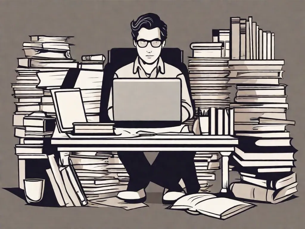 Descrição da imagem: Uma pessoa sentada em uma mesa, cercada por livros e papéis. Ela está segurando uma caneta e tem uma expressão concentrada no rosto. A mesa está bem organizada, com um laptop, caderno e uma xícara de café. A imagem retrata um ambiente profissional de escrita, simbolizando as 10 dicas de escrita para escrever como um profissional.