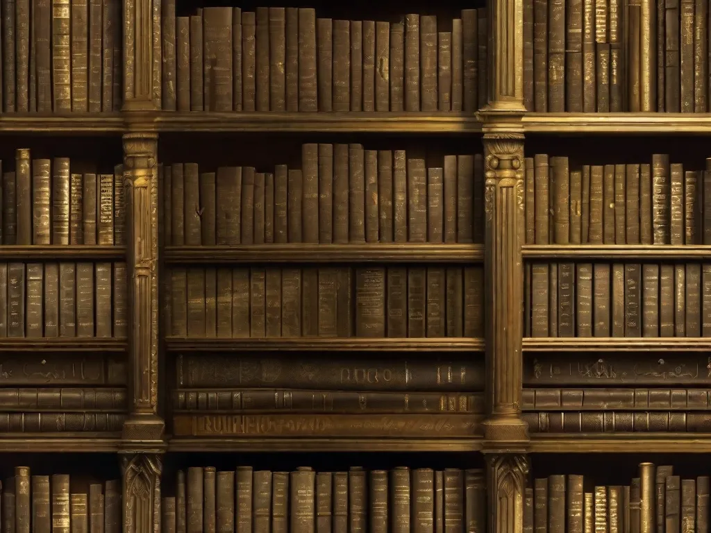 Uma foto de uma estante antiga e desgastada, cheia de volumes empoeirados, suas lombadas adornadas com símbolos intricados e títulos em letras douradas desbotadas. A imagem captura a essência da viagem no tempo, convidando os leitores a embarcar em uma jornada literária para a era de Nabucodonosor.