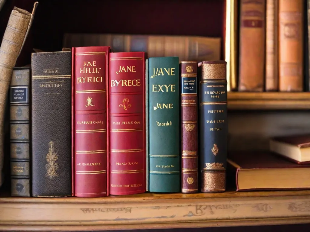 Descrição da imagem: Uma estante de livros antiga, cheia de romances clássicos lindamente encadernados. Os livros estão dispostos de maneira organizada e arrumada, exibindo títulos como Orgulho e Preconceito, Jane Eyre, O Morro dos Ventos Uivantes e Razão e Sensibilidade. A imagem transmite uma sensação de sofisticação e convida os le