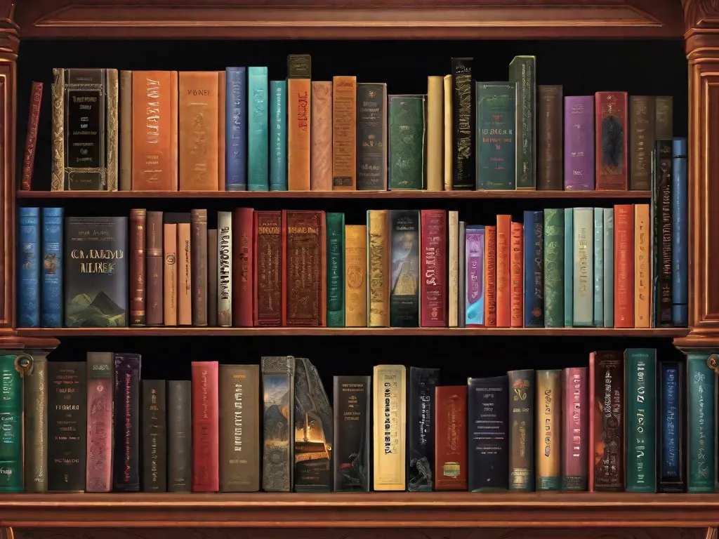 Uma imagem de uma antiga biblioteca empoeirada com prateleiras cheias de livros misteriosos. Cada livro possui uma capa de couro desgastada, e os títulos estão escritos em letras douradas desbotadas. A luz fraca de uma única lâmpada lança um brilho sinistro, insinuando os segredos escondidos dentro desses doze incríveis romances