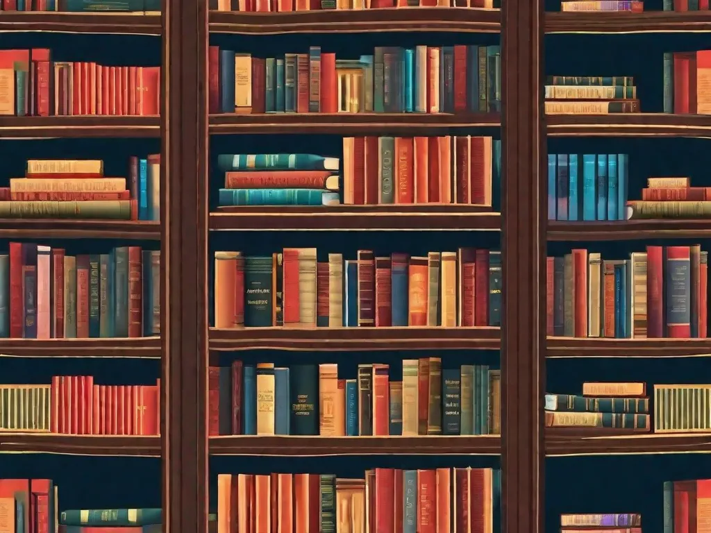 Descrição da imagem: Um close-up de uma estante de livros de madeira cheia de vários livros, cada um representando um jogo literário diferente. Os livros estão dispostos de forma a criar um quebra-cabeça intricado, com seus títulos formando um padrão complexo. A imagem transmite a ideia da natureza desafiadora desses jogos literários e sua capacidade de estimular a mente.