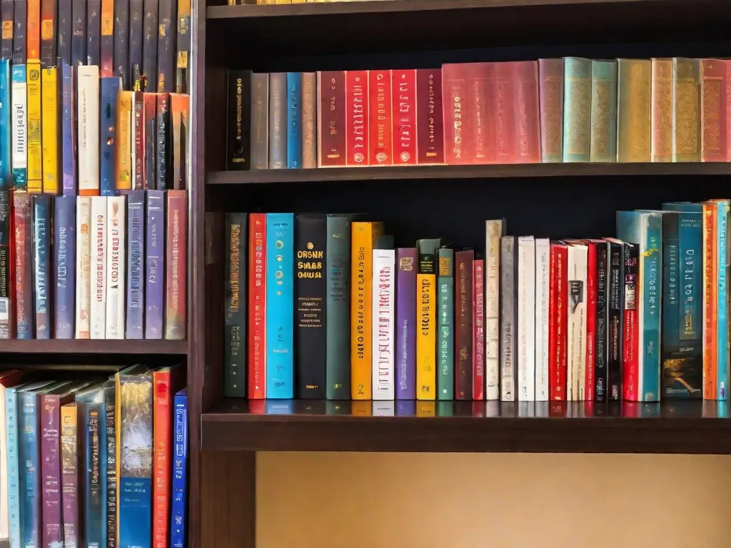 Uma imagem de uma estante de livros colorida, repleta de literatura icônica brasileira, exibindo títulos como 