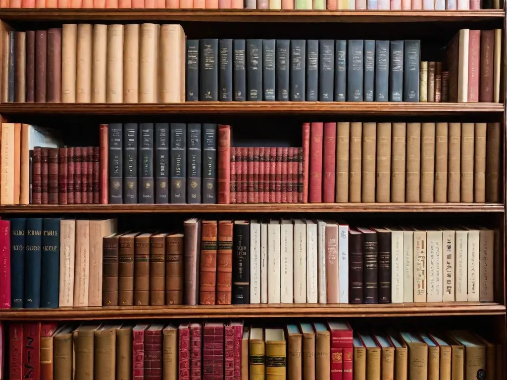 Descrição da imagem: Um close-up de uma estante de livros de madeira cheia de uma coleção de livros de literatura clássica. Os livros estão arrumados de forma organizada, exibindo títulos como 