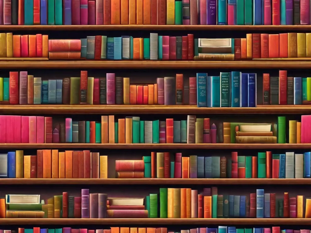 Descrição da imagem: Uma estante de livros vibrante, cheia de livros coloridos de tamanhos e gêneros variados. Os livros estão arrumados de forma organizada, criando uma exibição visualmente atraente. A imagem mostra a diversidade da literatura e convida o espectador a explorar e se deliciar com a alegria da leitura.