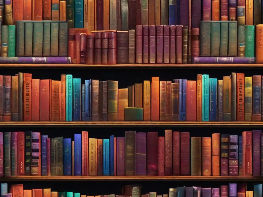 Uma estante colorida cheia de 20 livros diferentes, cada um representando um mundo literário único. De reinos de fantasia com castelos e dragões a cidades futuristas em galáxias distantes, esses livros vão te levar em aventuras emocionantes através de suas capas vibrantes e histórias imaginativas.