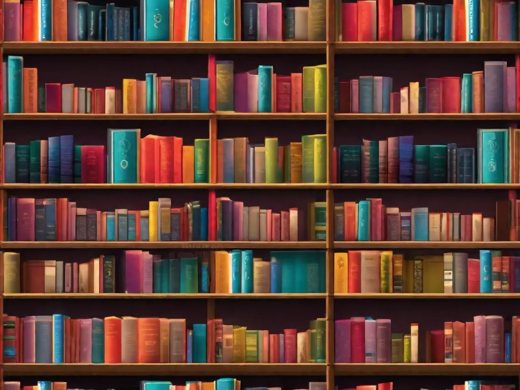 Descrição da imagem: Uma estante de livros vibrante e colorida, cheia de uma variedade de livros, cada um mostrando um gênero e estilo diferentes. Os livros estão arrumados de forma organizada, criando uma exposição convidativa e cativante que desperta curiosidade e incentiva o espectador a mergulhar no mundo da literatura.