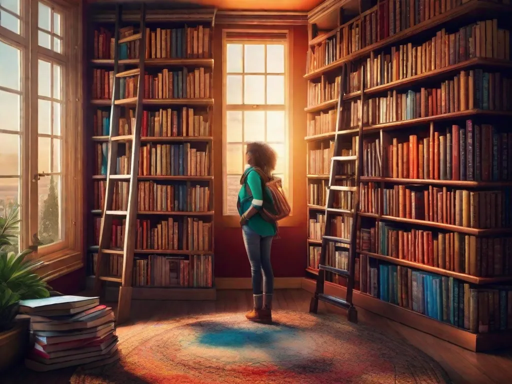 Uma estante de livros vibrante, cheia de 10 livros diversos, cada capa representando um gênero e tema diferente. Os livros estão empilhados de forma que formam uma escada, simbolizando como a leitura pode abrir novos mundos e quebrar as barreiras da imaginação.