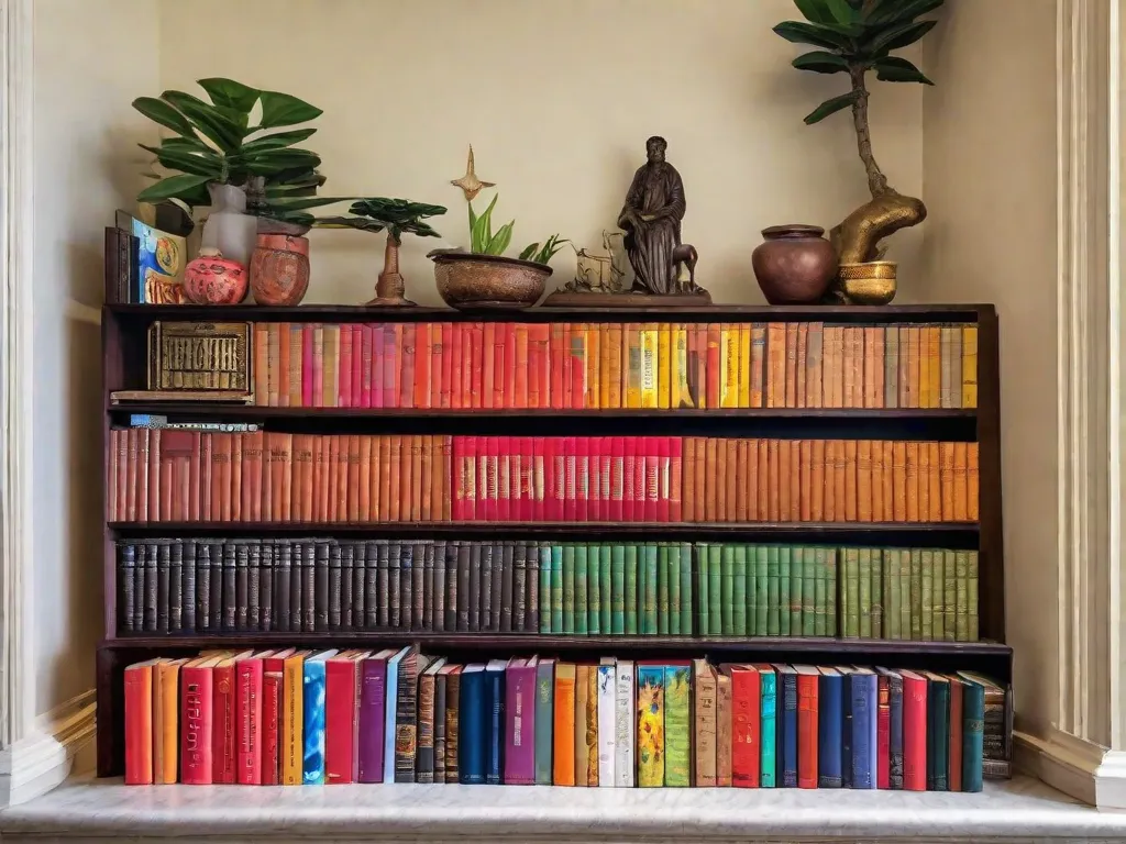 Uma estante colorida cheia de literatura brasileira icônica, incluindo