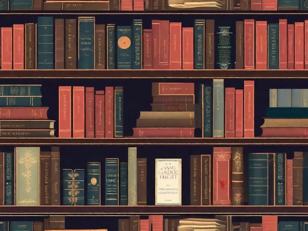 Descrição da imagem:
Uma estante antiga cheia de romances clássicos lindamente encadernados. Os livros estão dispostos de forma organizada e arrumada, exibindo títulos como 