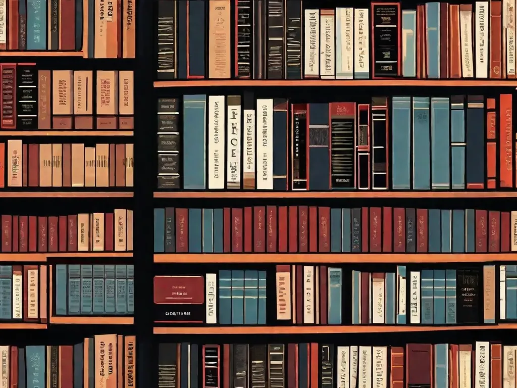 Descrição da imagem: Um close de uma estante de livros cheia com 12 emocionantes romances de suspense. Os livros estão arranjados de forma a criar um padrão intrigante, com seus títulos visíveis e cativantes. A iluminação lança uma sombra misteriosa, aumentando a sensação geral de suspense e antecipação.