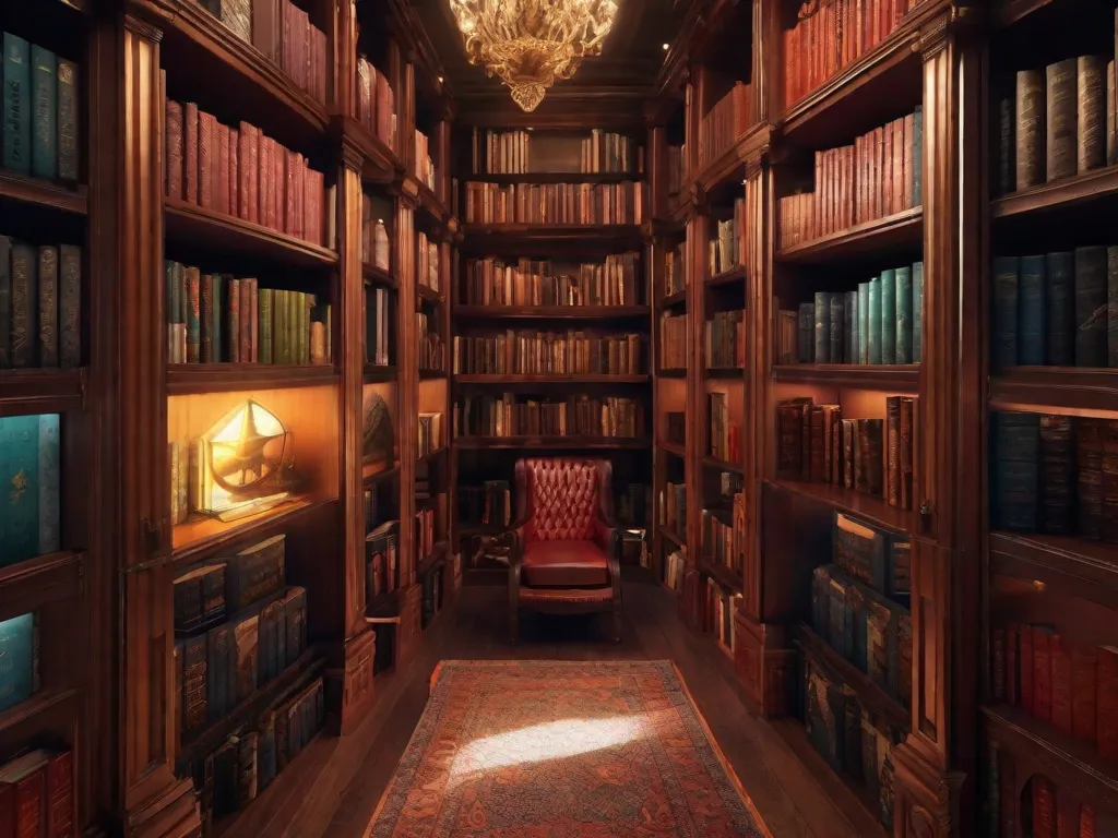 Descrição da imagem: Uma estante hipnotizante cheia de 21 romances de fantasia. Cada livro possui uma capa única e intricada, retratando criaturas míticas, paisagens encantadas e batalhas épicas. Os livros parecem emitir um brilho mágico, convidando os leitores a embarcar em aventuras extraordinárias e explorar reinos fantásticos.