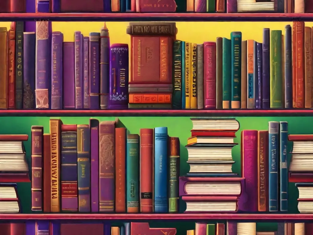Descrição: Uma estante de livros vibrante, cheia de várias obras literárias, cada uma representando um conceito utópico diferente. Os livros estão empilhados de forma organizada, exibindo suas capas coloridas e títulos, convidando os leitores a explorar esses mundos imaginativos que desafiam os limites da realidade.