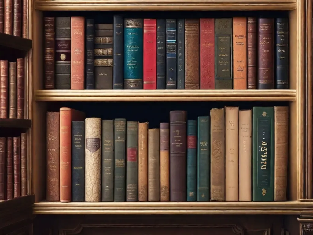 Descrição da imagem:
Uma estante antiga cheia de romances clássicos lindamente encadernados. Os livros estão dispostos de forma organizada e arrumada, exibindo títulos como 