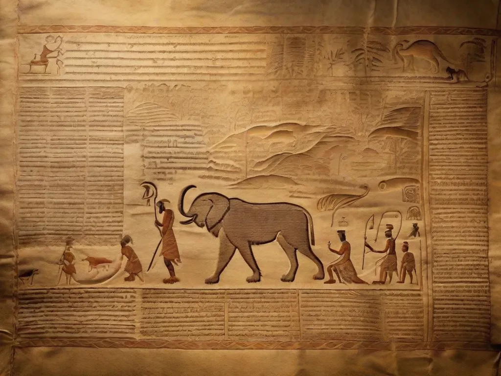 Um pergaminho antigo está desenrolado, revelando a evolução da comunicação humana. Das pinturas rupestres aos hieróglifos, das tábuas cuneiformes às penas e tinta, a imagem captura a rica tapeçaria da escrita ao longo da história. Cada símbolo conta uma história, conectando-nos ao nosso passado e moldando nosso futuro.