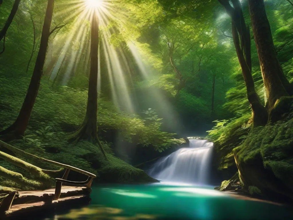 Descrição da imagem: Uma vista deslumbrante de uma floresta exuberante e verde, com árvores imponentes e raios de sol filtrando pelos galhos. O caminho à frente leva a uma cachoeira escondida, criando uma sensação de aventura e a promessa de descobrir novos mundos dentro do abraço da natureza.