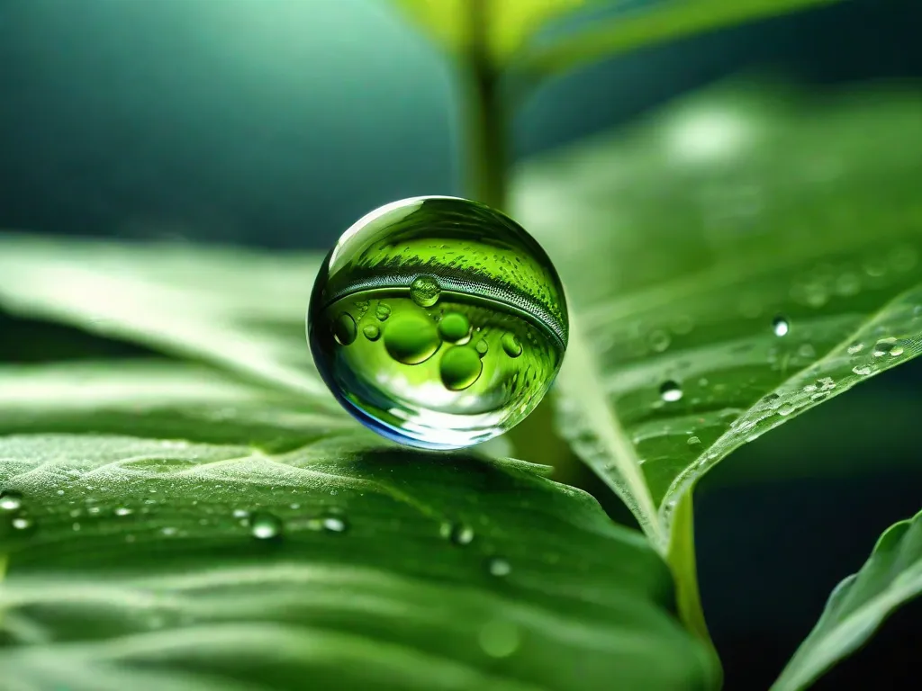 Uma imagem em close de uma única gota de água em uma folha, capturando os detalhes intricados e reflexos dentro da gota. A imagem simboliza a beleza e fragilidade da vida, incentivando os espectadores a refletir sobre a natureza passageira de nossa existência e apreciar cada momento.