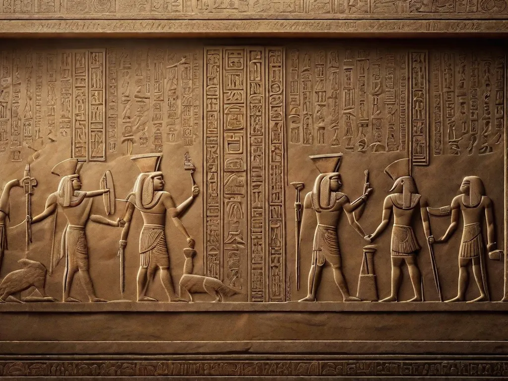 Uma imagem de hieróglifos antigos esculpidos em uma parede de pedra, mostrando a rica história da escrita. Os símbolos e caracteres intrincados contam a história do progresso da civilização humana na comunicação e na evolução da linguagem escrita ao longo do tempo.