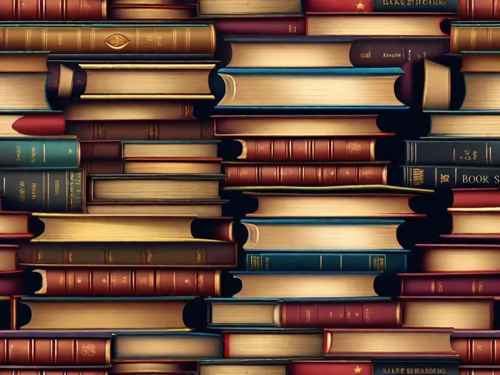 Descrição da imagem: Um close-up de uma pilha de livros, cada um representando um jogo literário diferente. Os livros estão dispostos de forma a criar uma ilusão óptica, desafiando a percepção do espectador. Os títulos dos livros estão borrados, aumentando o mistério e a intriga dos jogos.