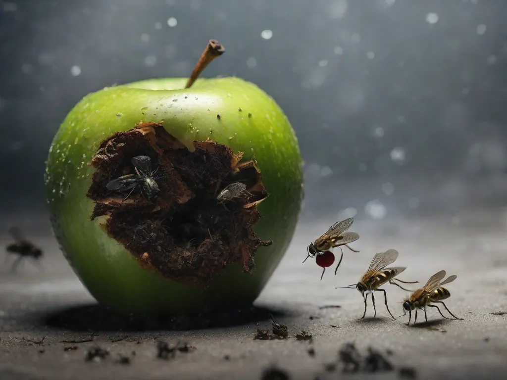 Descrição da imagem: Uma fotografia em close-up de uma maçã em decomposição, coberta de mofo e cercada por moscas. A imagem simboliza os aspectos sombrios e repulsivos da natureza humana explorados nos 10 livros fascinantemente repugnantes sobre comportamento humano.