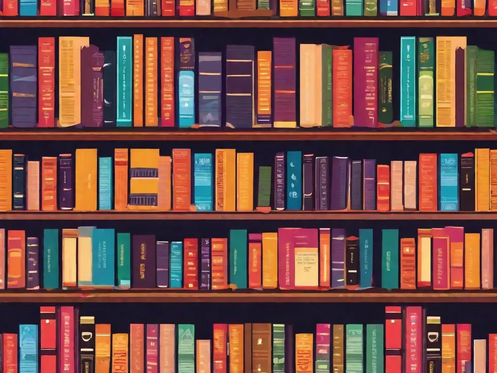 Descrição da imagem: Um close-up de uma estante de livros de madeira cheia de vários livros, cada um representando um jogo literário diferente. Os livros estão dispostos de forma a criar um quebra-cabeça intricado, com seus títulos formando um padrão complexo. A imagem transmite a ideia da natureza desafiadora desses jogos literários e sua capacidade de estimular a mente.