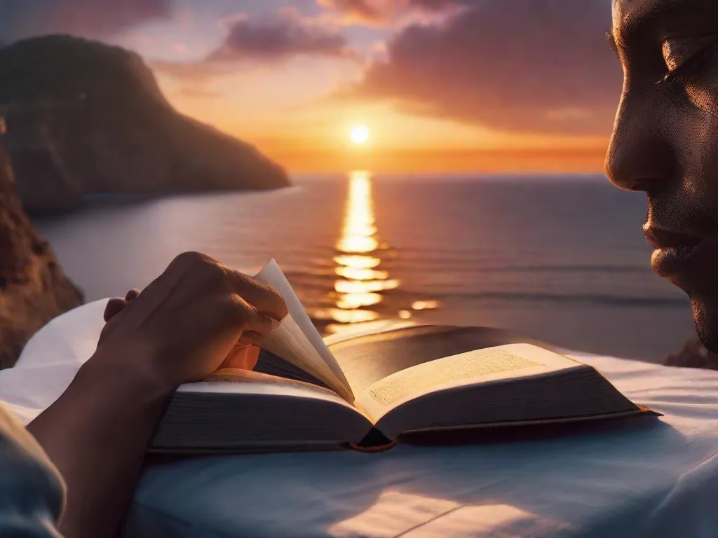 Descrição da imagem: Um close das mãos de uma pessoa segurando um livro com uma lágrima escorrendo pela bochecha. A capa do livro mostra uma imagem cativante de um pôr do sol sobre um vasto oceano, simbolizando a jornada emocional que aguarda os leitores em suas páginas.