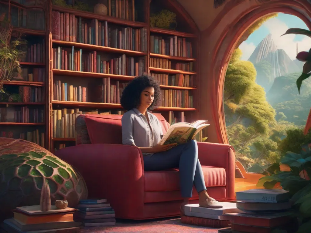 Descrição da imagem: Uma pessoa sentada em uma poltrona aconchegante, cercada por estantes de livros altas, cheias de livros de diversos gêneros. A luz suave do sol entra pela janela, iluminando o ambiente e criando uma atmosfera quente e convidativa. A pessoa está absorta em um livro, completamente envolvida na história, enquanto sua imaginação a leva para diferentes mund