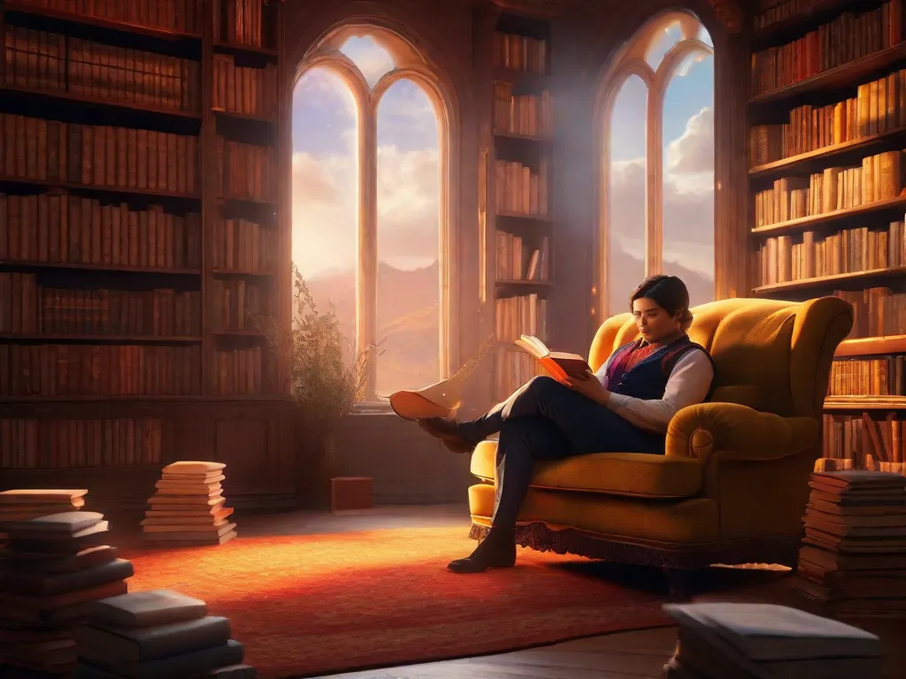 Descrição da imagem: Uma pessoa sentada em uma poltrona aconchegante, cercada por pilhas de livros, com uma xícara de chá fumegante na mão. O quarto está cheio de uma luz dourada e quente, e pela janela, é possível ver um vislumbre de um mundo de fantasia deslumbrante, com ilhas flutuantes e criaturas coloridas.