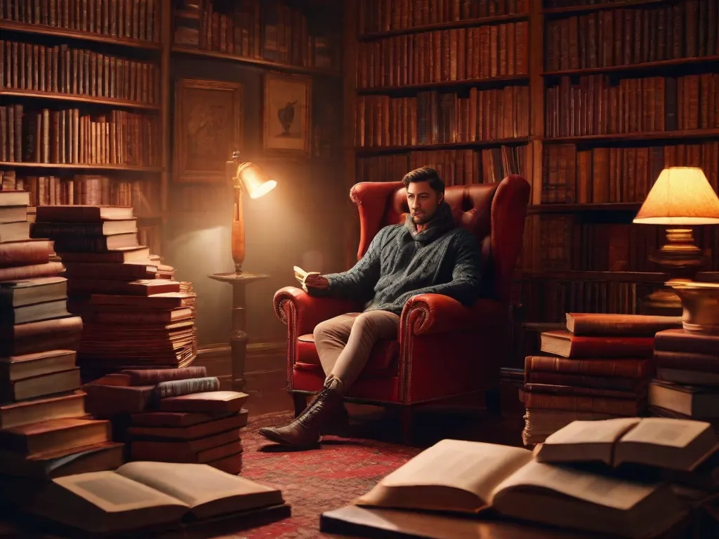 Descrição da imagem: Um close das mãos de uma pessoa segurando um livro aberto, com raios de luz saindo das páginas. O livro está cheio de ilustrações vibrantes e cativantes, levando o leitor a uma jornada por florestas encantadas, criaturas místicas e galáxias distantes. A expressão da pessoa reflete um sentimento de admiração e encanto enquanto eles mergul