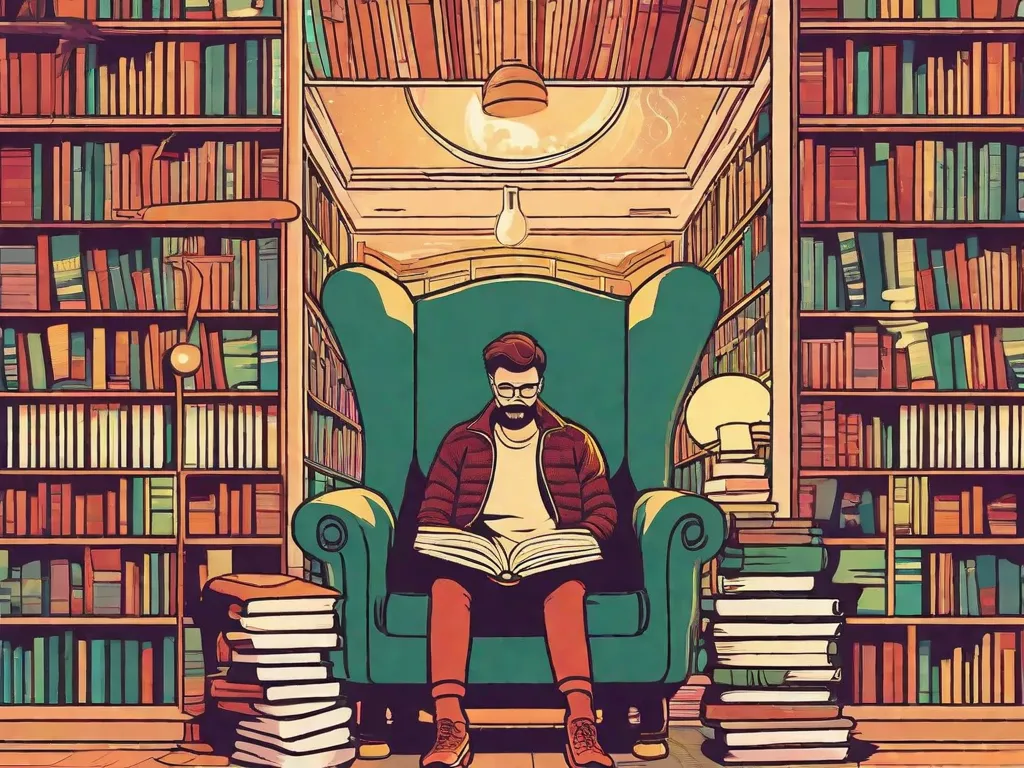 Descrição da imagem:
Uma pessoa está sentada em uma poltrona aconchegante, cercada por uma pilha de livros que chegam até o teto. Cada livro tem uma capa única, retratando diferentes mundos fantásticos - desde florestas exuberantes até castelos imponentes e paisagens alienígenas. A pessoa está absorta na leitura, seu rosto iluminado pelo suave bril