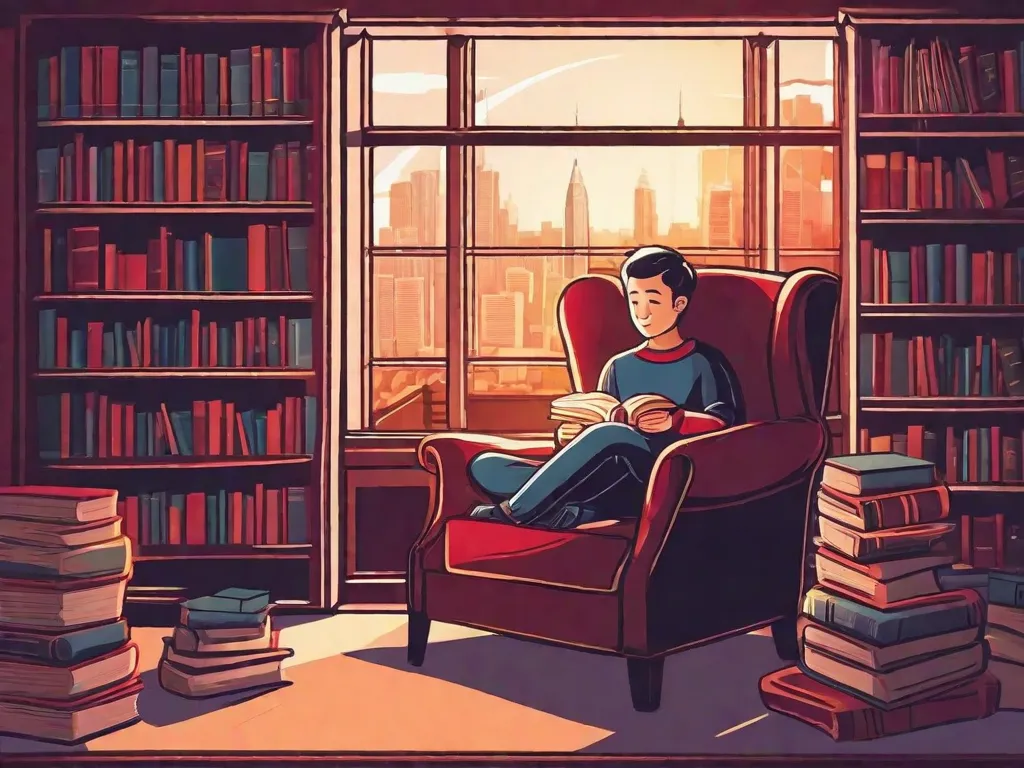 Descrição da imagem: Uma pessoa sentada em uma poltrona aconchegante, cercada por estantes de livros altas, cheias de livros de diversos gêneros. A luz suave do sol entra pela janela, iluminando o ambiente e criando uma atmosfera quente e convidativa. A pessoa está absorta em um livro, completamente envolvida na história, enquanto sua imaginação a leva para diferentes mund