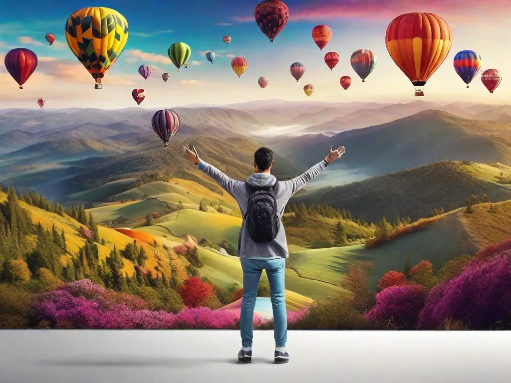 Descrição da imagem: Uma pessoa em pé no topo de uma montanha, com os braços estendidos, com uma vista panorâmica de uma paisagem vasta e diversificada. A pessoa está cercada por coloridos balões de ar quente flutuando no céu, simbolizando a liberdade e as possibilidades ilimitadas de pensar de forma criativa.