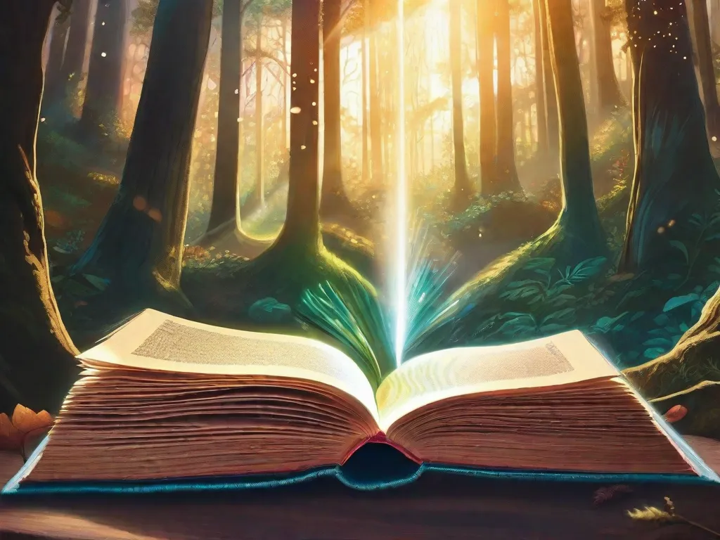 Descrição da imagem: Um close das mãos de uma pessoa segurando um livro aberto, com raios de luz saindo das páginas. O livro está cheio de ilustrações vibrantes e cativantes, levando o leitor a uma jornada por florestas encantadas, criaturas místicas e galáxias distantes. A expressão da pessoa reflete um sentimento de admiração e encanto enquanto eles mergul