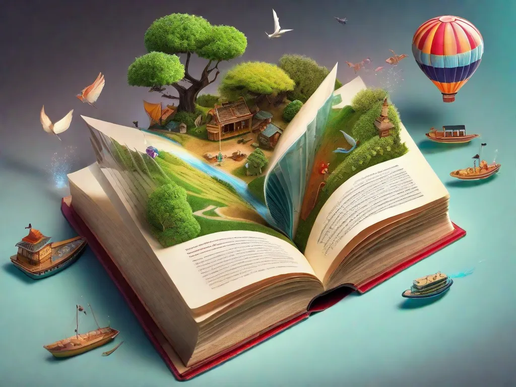 Descrição da imagem: Um livro aberto com cores vibrantes e ilustrações fantasiosas saindo de suas páginas. As ilustrações retratam diversos mundos imaginativos, incluindo ilhas flutuantes, animais falantes e criaturas fantásticas. O livro parece estar rompendo uma cerca de madeira, simbolizando o poder da literatura em expandir a imaginação além de limites.