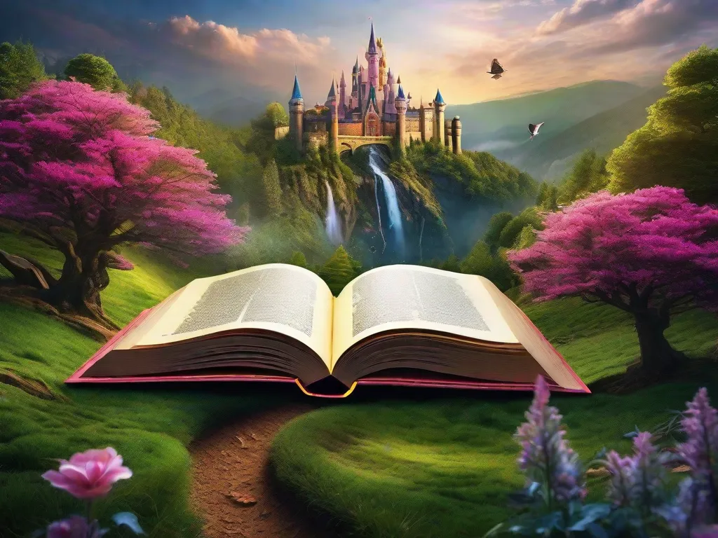Uma imagem de um livro aberto com cores vibrantes explodindo de suas páginas, criando uma paisagem mágica cheia de criaturas fantásticas, florestas encantadas e castelos imponentes. A imagem representa o poder dos livros de transportar os leitores para novos mundos e incendiar sua imaginação.