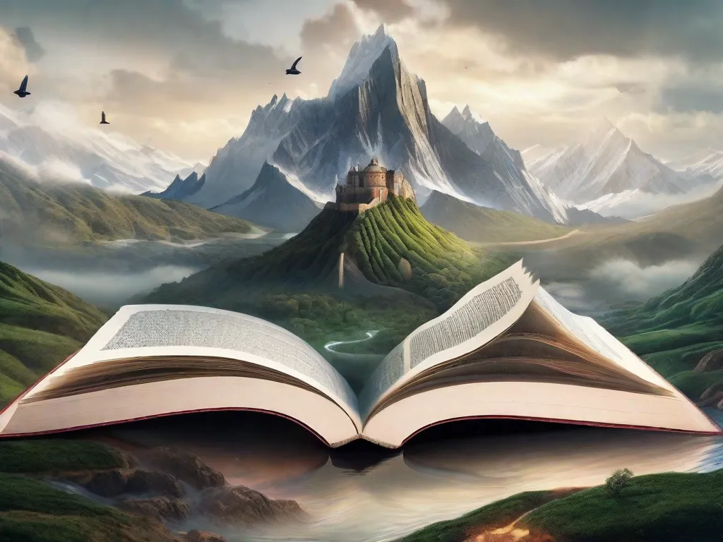 Descrição da imagem: Uma paisagem surreal emerge das páginas de um livro, com montanhas imponentes feitas de palavras e rios fluindo com tinta. Personagens de diferentes obras literárias estão juntos, representando os diversos mundos utópicos de onde vêm. A imagem captura o poder da imaginação e a habilidade da literatura em desafiar a realidade.